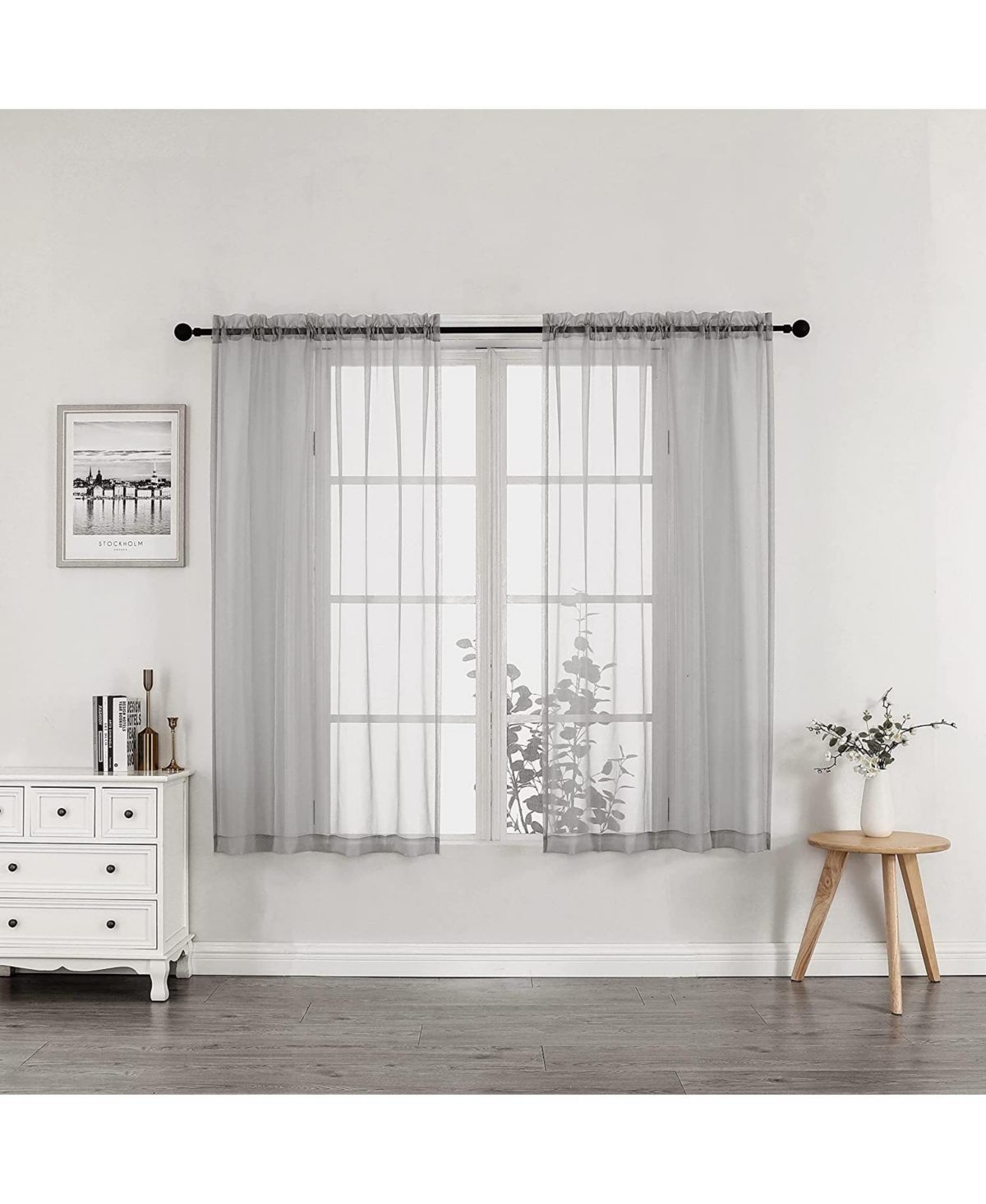 Simplistic Living 2 Piece Lightweight Rod Pocket Gray Sheer Curtains For Small Windows - 63 in. Long - Gray