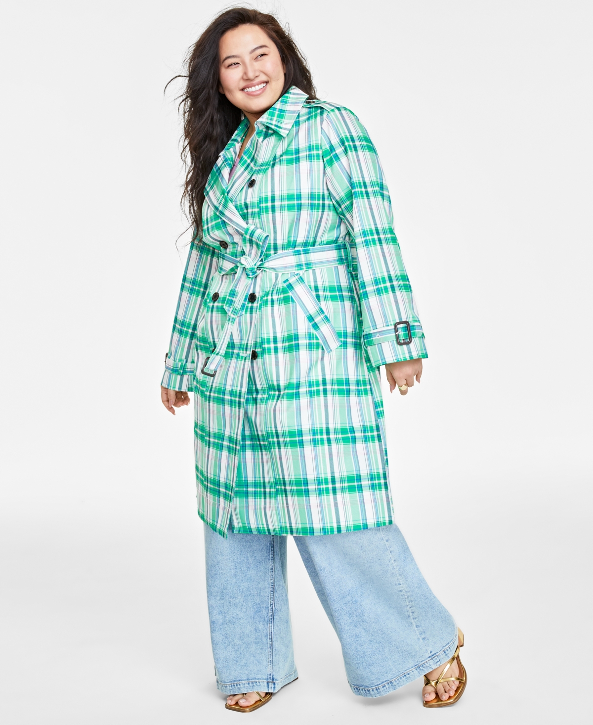 On 34th Plus Size Plaid Double-breasted Trench Coat, Created For Macy's In Green White Combo