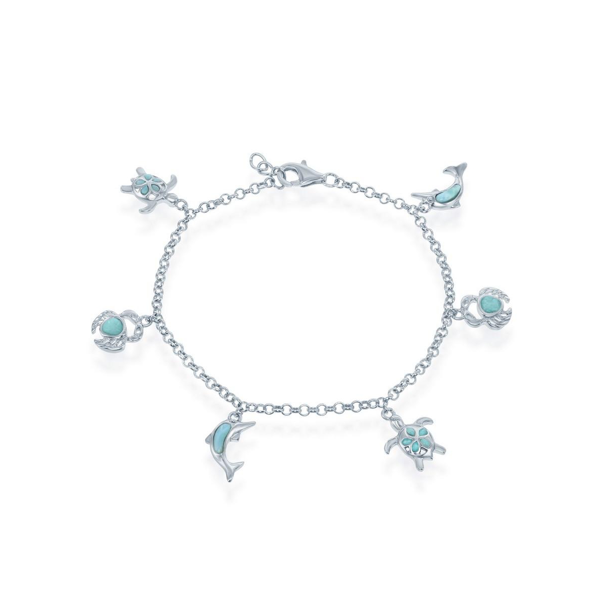 Sterling Silver Larimar Turtle, Crab and Dolphin Charms Bracelet - Blue