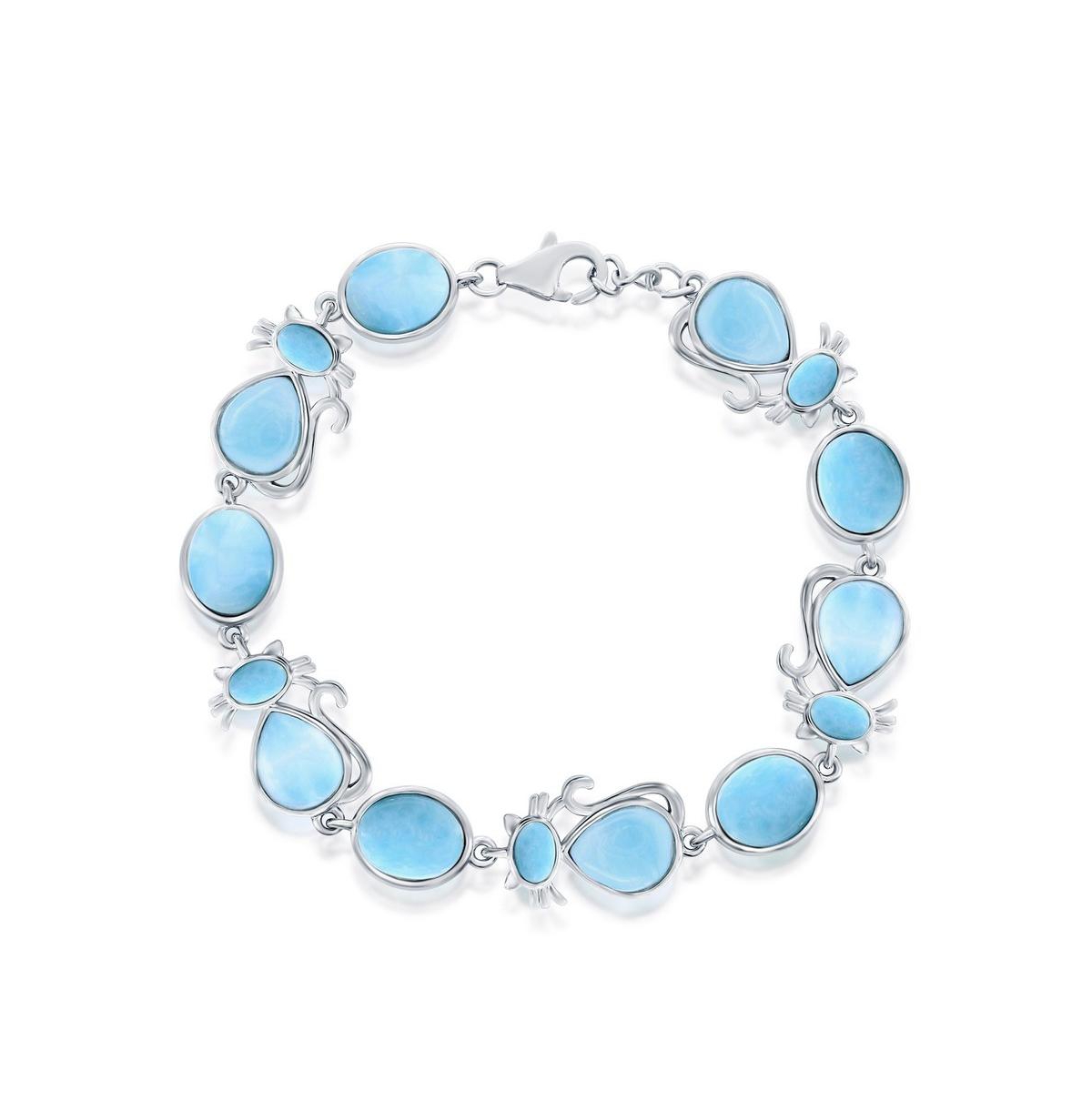 Sterling Silver Alternating Oval & Cat Larimar Bracelet - Blue