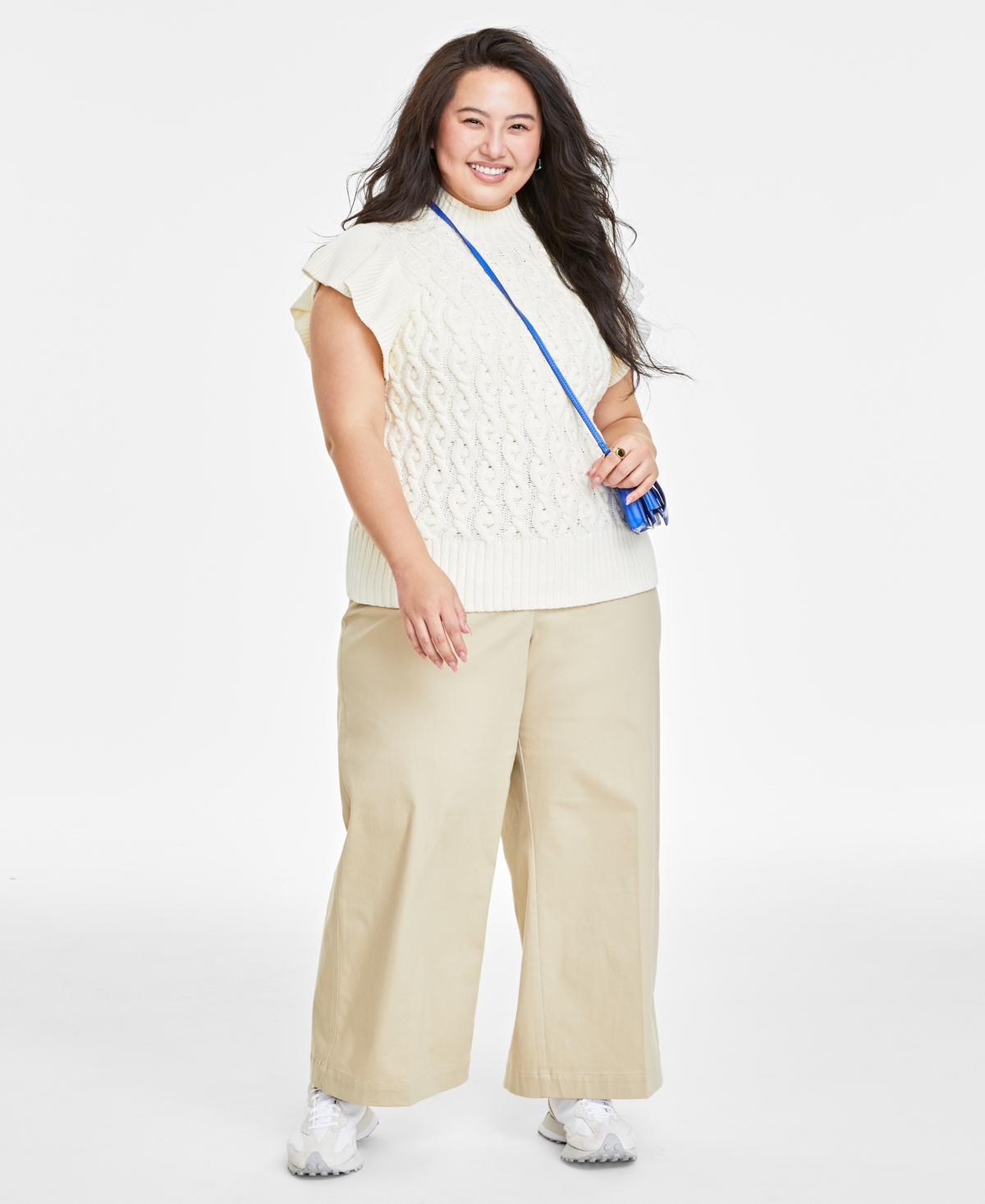 On 34th Plus Size Flutter-sleeve Cable-knit Sweater, Created For Macy's In Alabaster