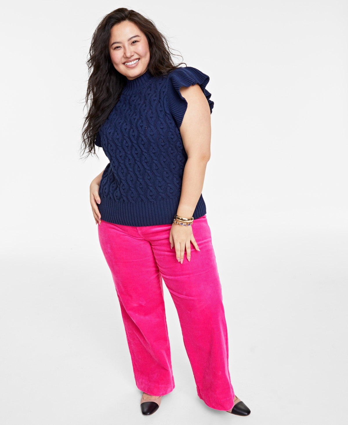 On 34th Plus Size Flutter-sleeve Cable-knit Sweater, Created For Macy's In Intrepid Blue