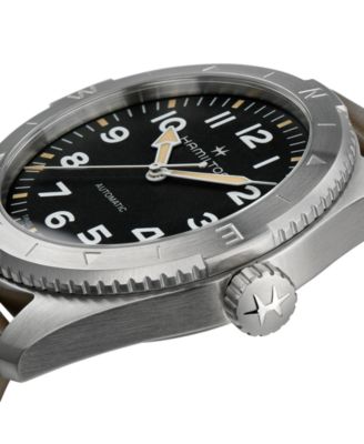 Men's Swiss Automatic Khaki Field Expedition Green Leather Strap Watch 41mm