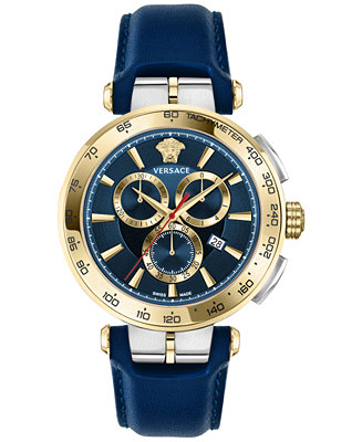 Versace Men's Swiss Chronograph Aion Blue Leather Strap Watch 45mm