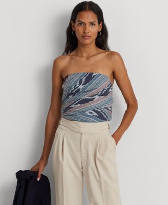 로렌 랄프로렌 Lauren Ralph Lauren Womens Cotton Printed Strapless Top,Navy Multi