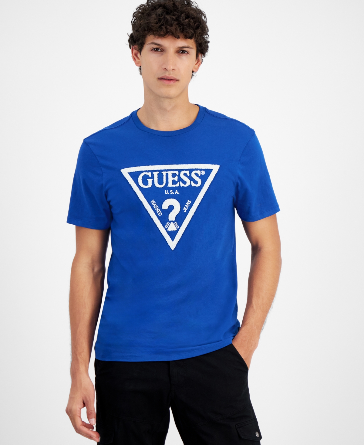 Guess Men's Chenille Triangle Logo T-shirt In Blue Maya