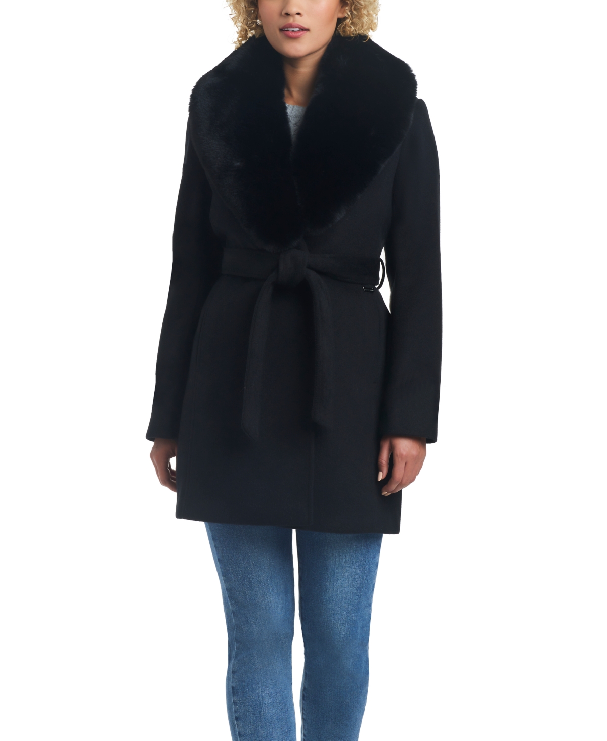 Women's Double Breasted Drap Wool Blend Fitted Wrap Coat - Black