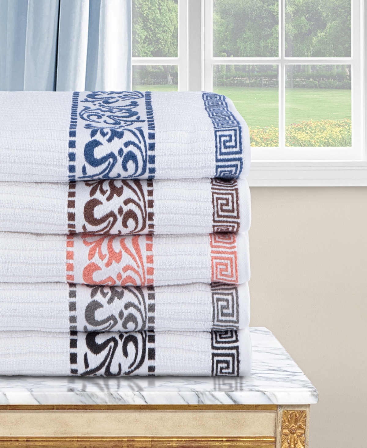 Superior Athens Cotton with Greek Scroll and Floral Pattern Assorted, 6 Piece