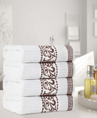 Athens Cotton with Greek Scroll and Floral Pattern, 4 Piece Bath Towel Set