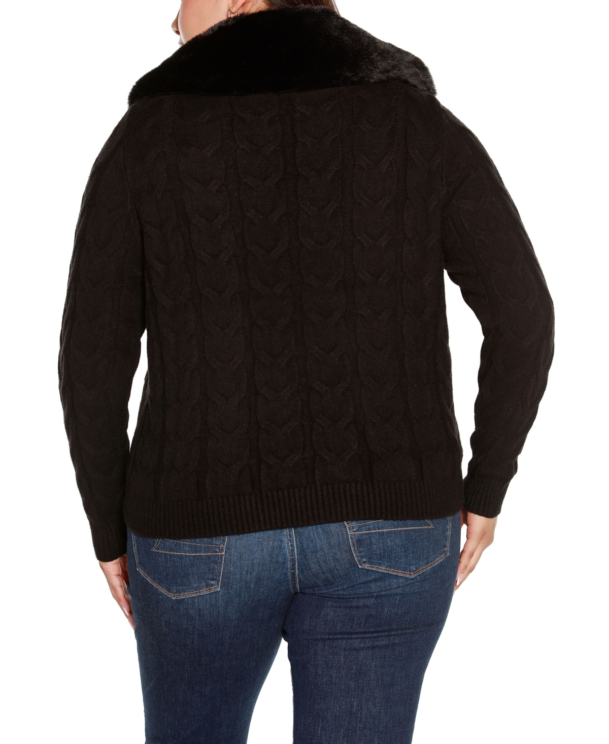 BelldiniLabel Plus Size Faux Fur Collared Cable Cardigan Sweater - Black