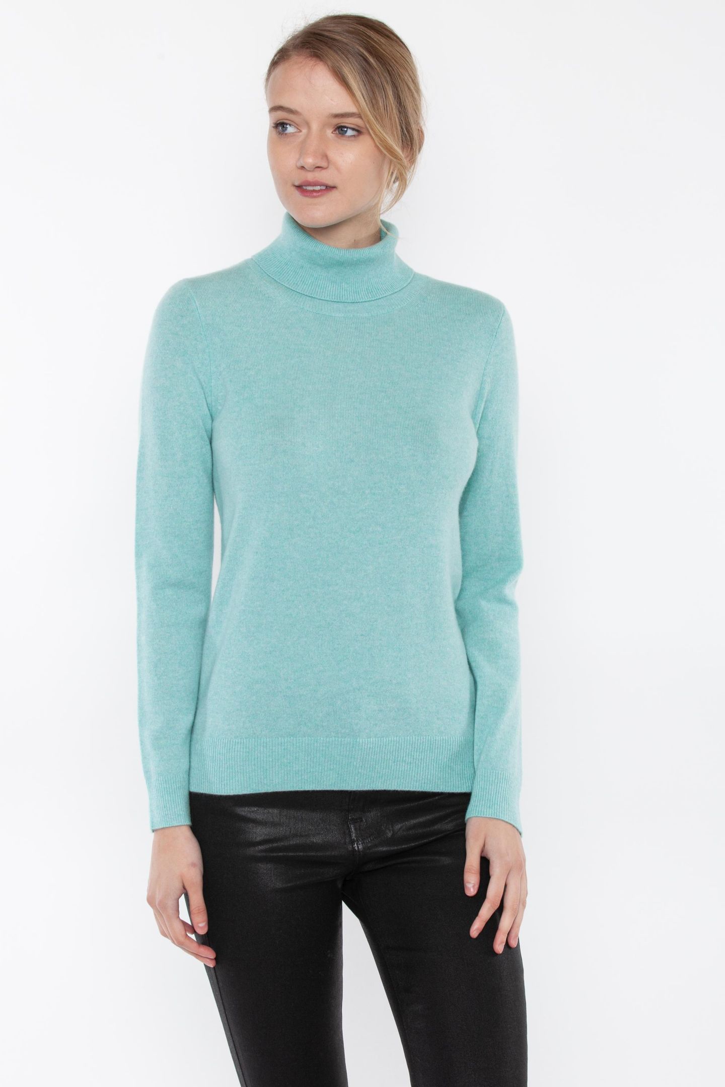 Женский свитер JENNIE LIU 100% Pure Cashmere Long Sleeve Turtleneck Pullover, цвет: Аквамариновый — фото 3