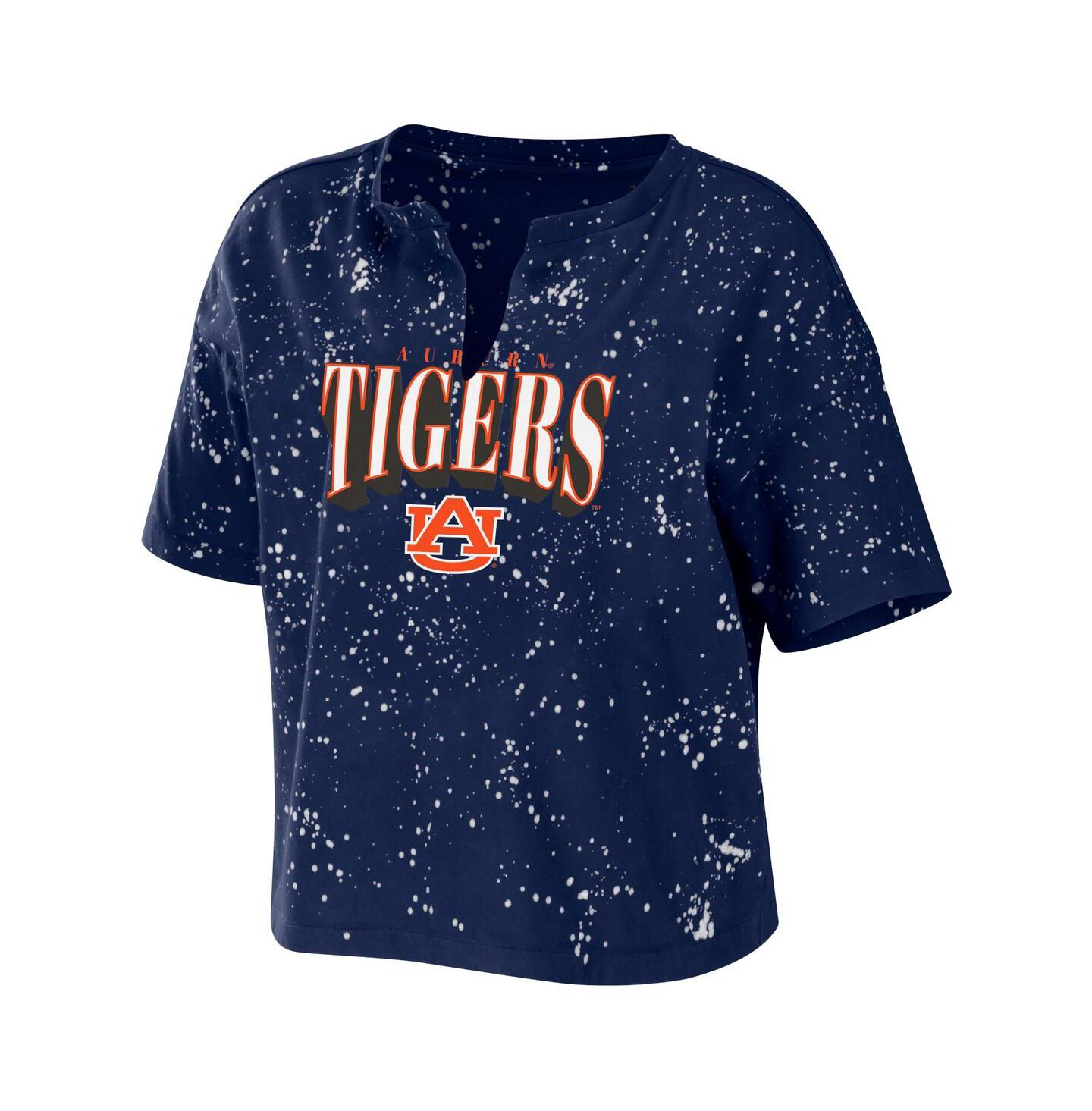 Женская футболка WEAR by Erin Andrews Navy Auburn Tigers Bleach Wash Splatter Cropped Notch Neck — фото 3