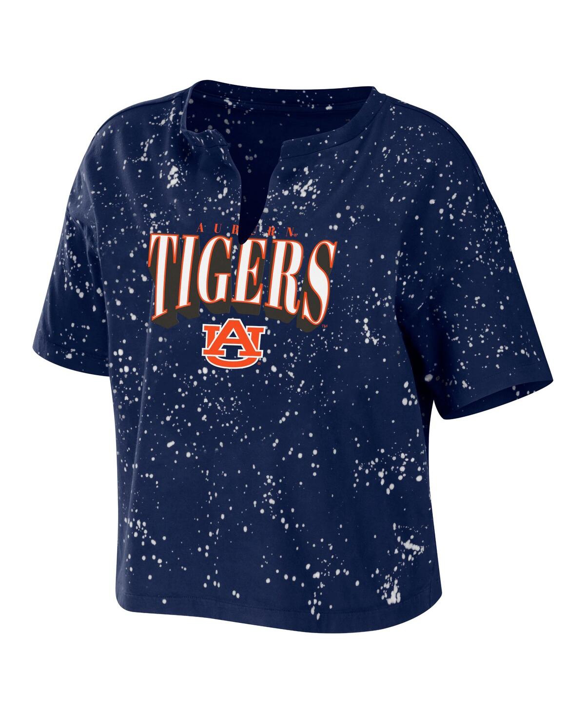 Shop Wear By Erin Andrews Women's  Navy Auburn Tigers Bleach Wash Splatter Cropped Notch Neck T-shirt