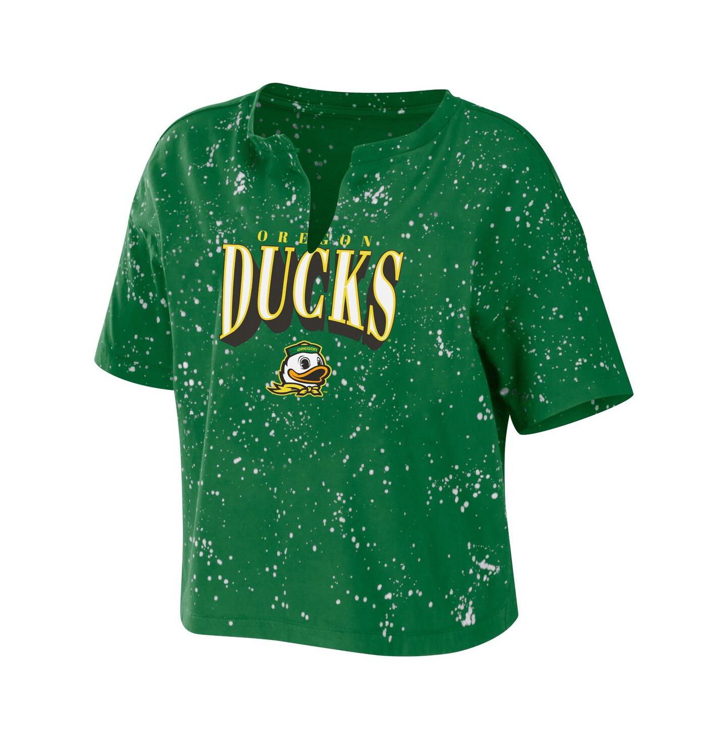 Женская футболка WEAR by Erin Andrews Green Oregon Ducks Bleach Wash Splatter Cropped Notch Neck — фото 3