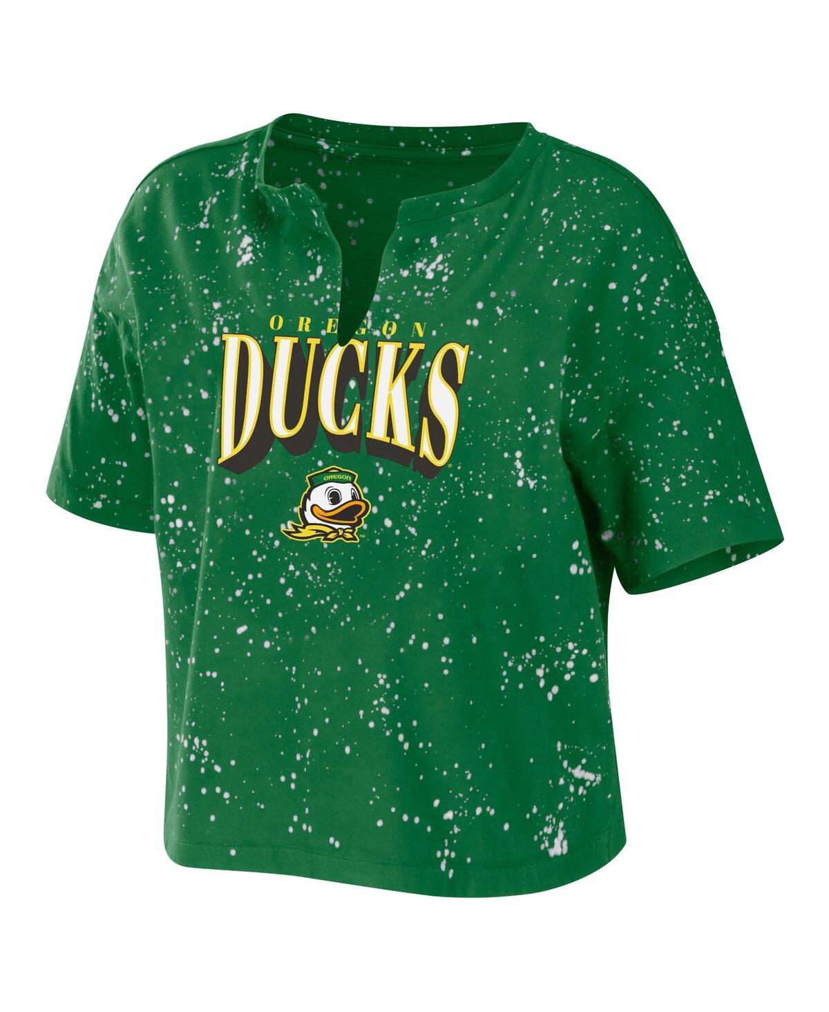 Shop Wear By Erin Andrews Women's  Green Oregon Ducks Bleach Wash Splatter Cropped Notch Neck T-shirt