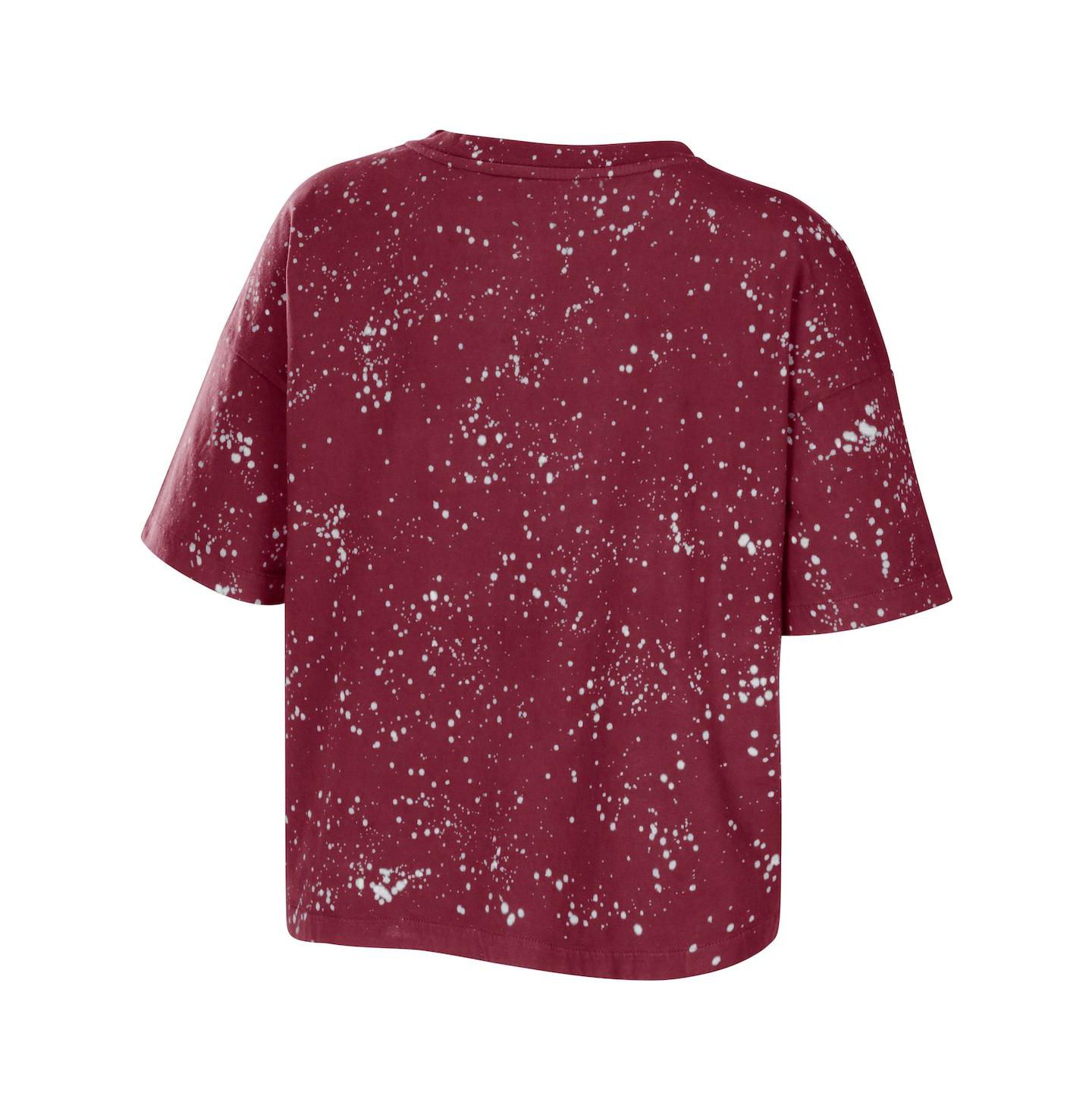 Женская футболка WEAR by Erin Andrews Garnet Florida State Seminoles Bleach Wash Splatter Cropped Notch Neck — фото 2
