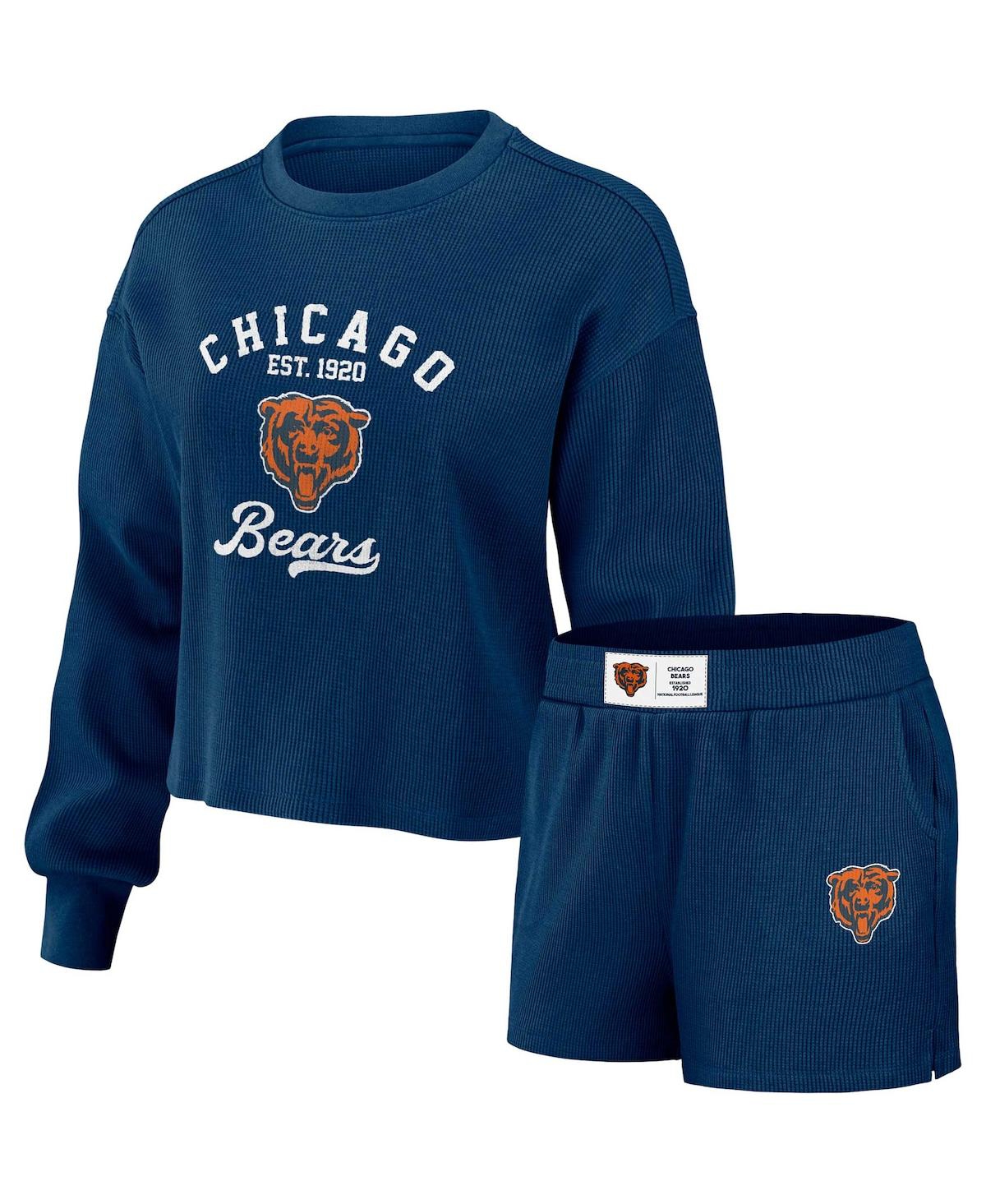 Wear By Erin Andrews Women's  Navy Distressed Chicago Bears Waffle Knit Long Sleeve T-shirt And Short
