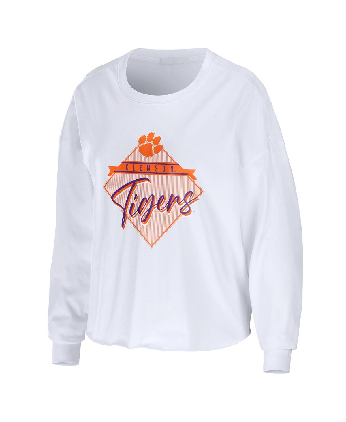 Shop Wear By Erin Andrews Women's  White Clemson Tigers Diamond Long Sleeve Cropped T-shirt