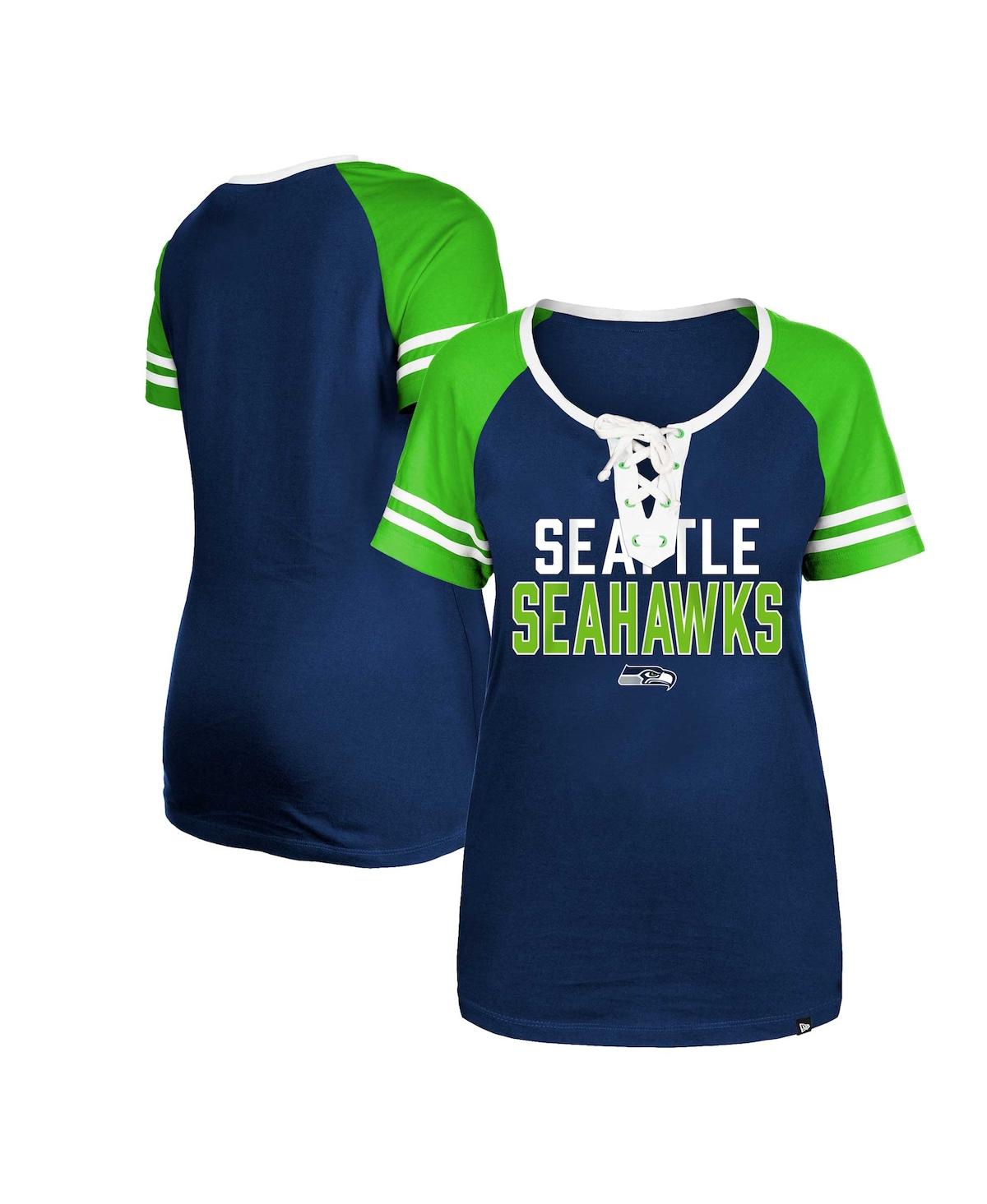Women's New Era College Navy Seattle Seahawks Raglan Lace-Up T-shirt - College Navy