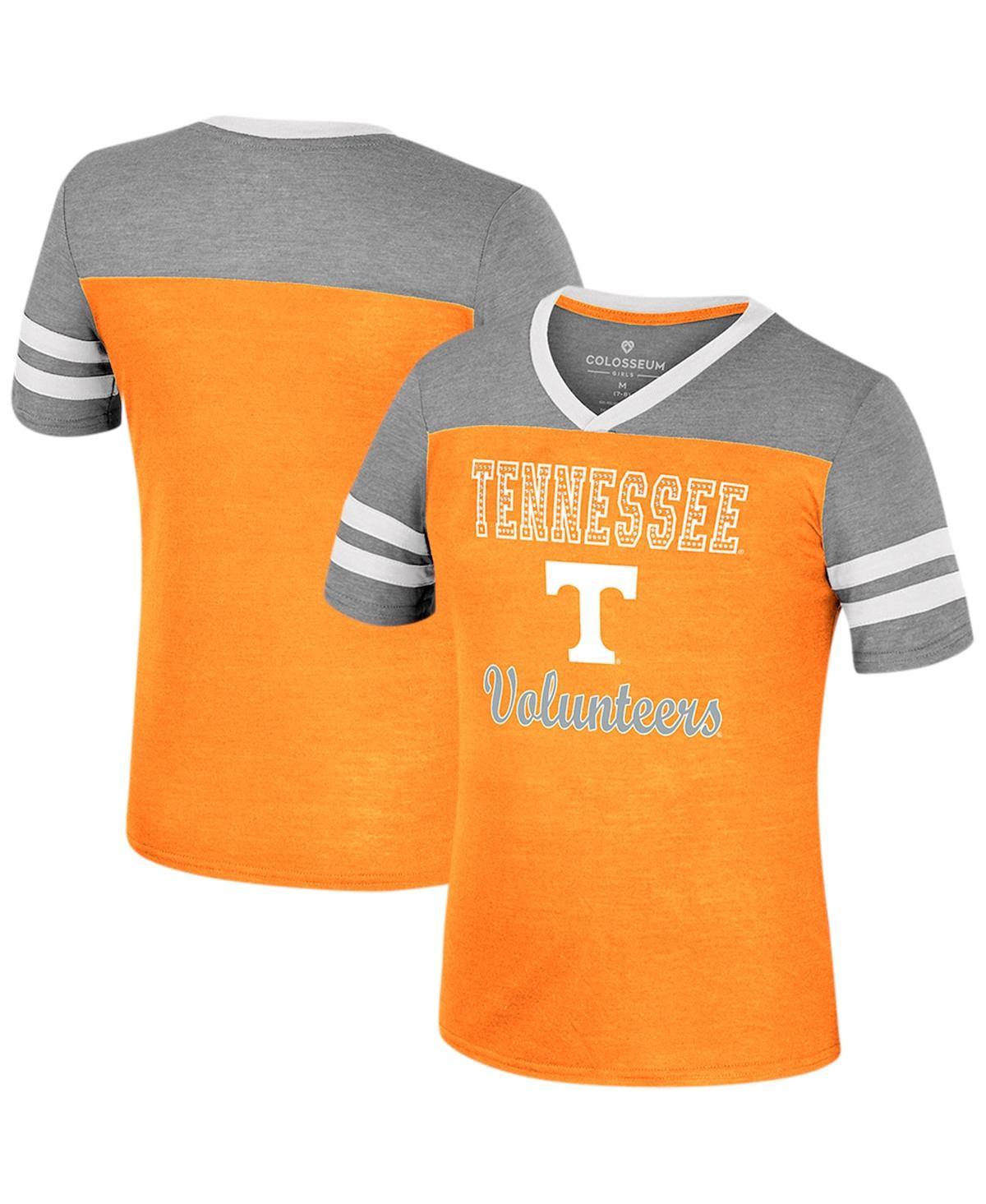 Colosseum Kids' Big Girls  Tennessee Orange, Heather Gray Tennessee Volunteers Summer Striped V-neck T-shir In Tennessee Orange,heather Gray