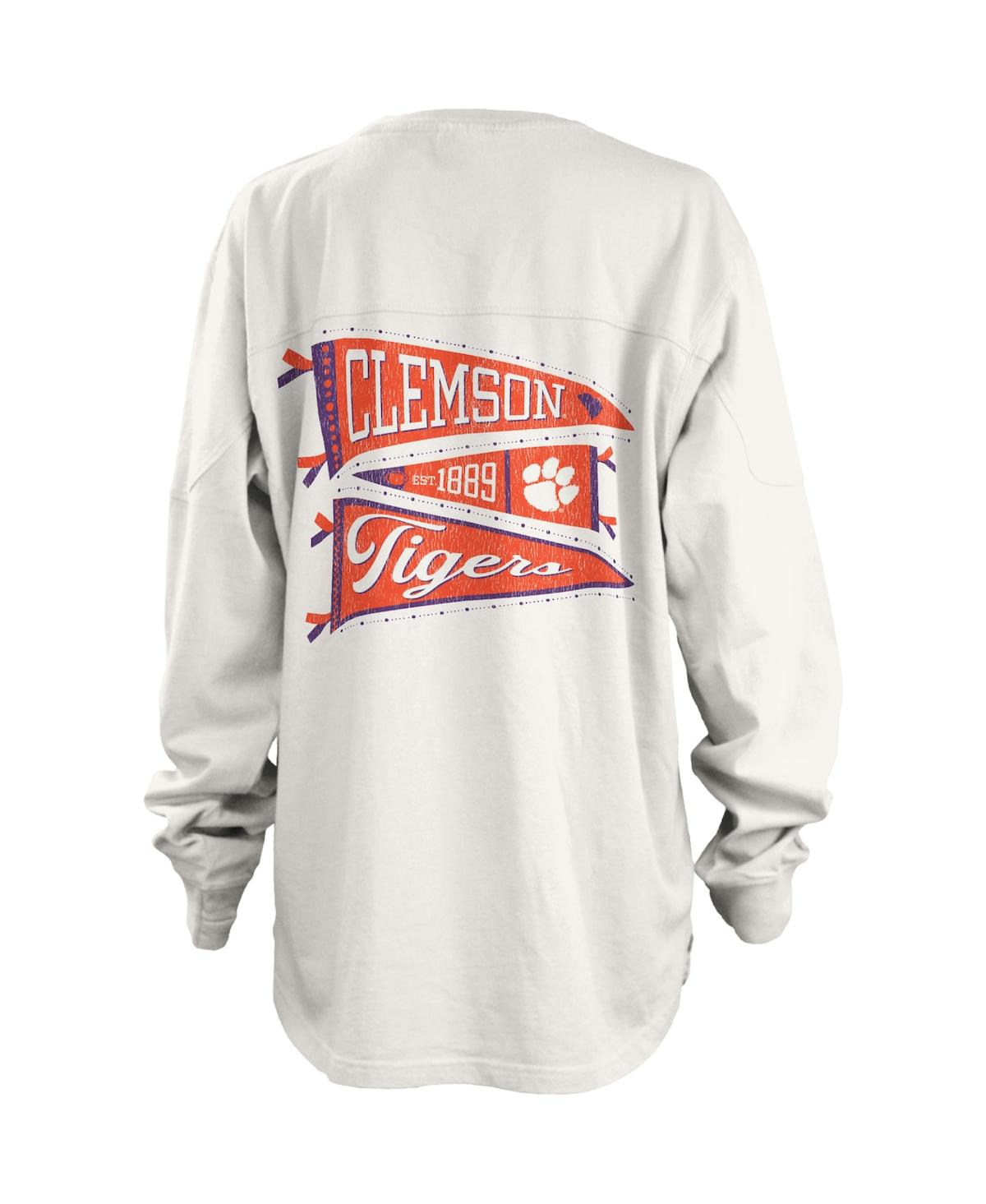 Shop Pressbox Women's  White Distressed Clemson Tigers Pennant Stack Oversized Long Sleeve T-shirt