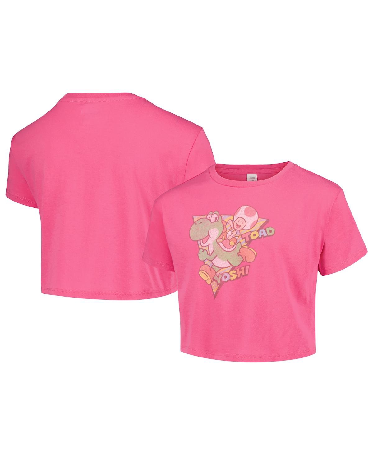 Mad Engine Kids' Big Girls  Pink Nintendo Yoshi And Toad Cropped T-shirt