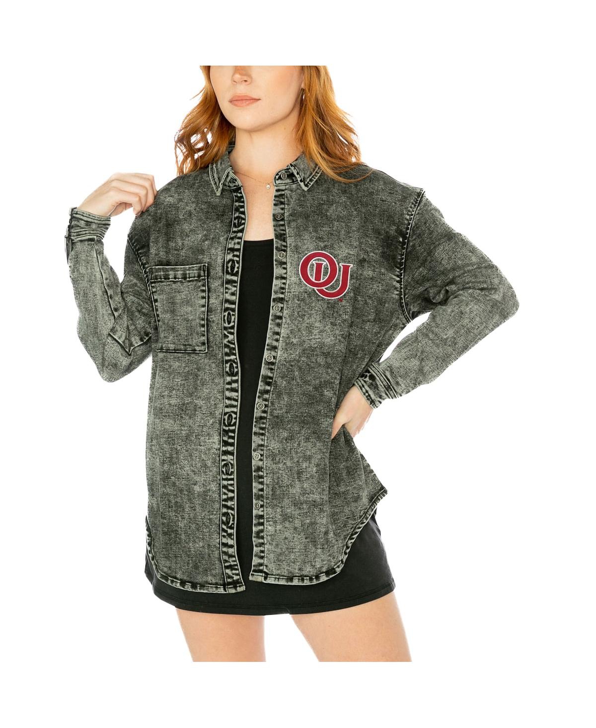 GAMEDAY COUTURE WOMEN'S GAMEDAY COUTURE CHARCOAL OKLAHOMA SOONERS MULTI-HIT TRI-BLEND OVERSIZED BUTTON-UP DENIM JACK 