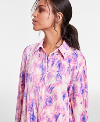 Bar III - Petite Printed Plisse-Knit Button-Up Shirt