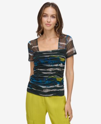 DKNY - Women's Printed Ruched-Front Sheer-Sleeve Mesh Top