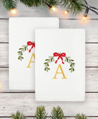 Christmas Mistletoe Monogram White Embroidered Luxury Turkish Cotton Hand Towels, 2 Piece Set