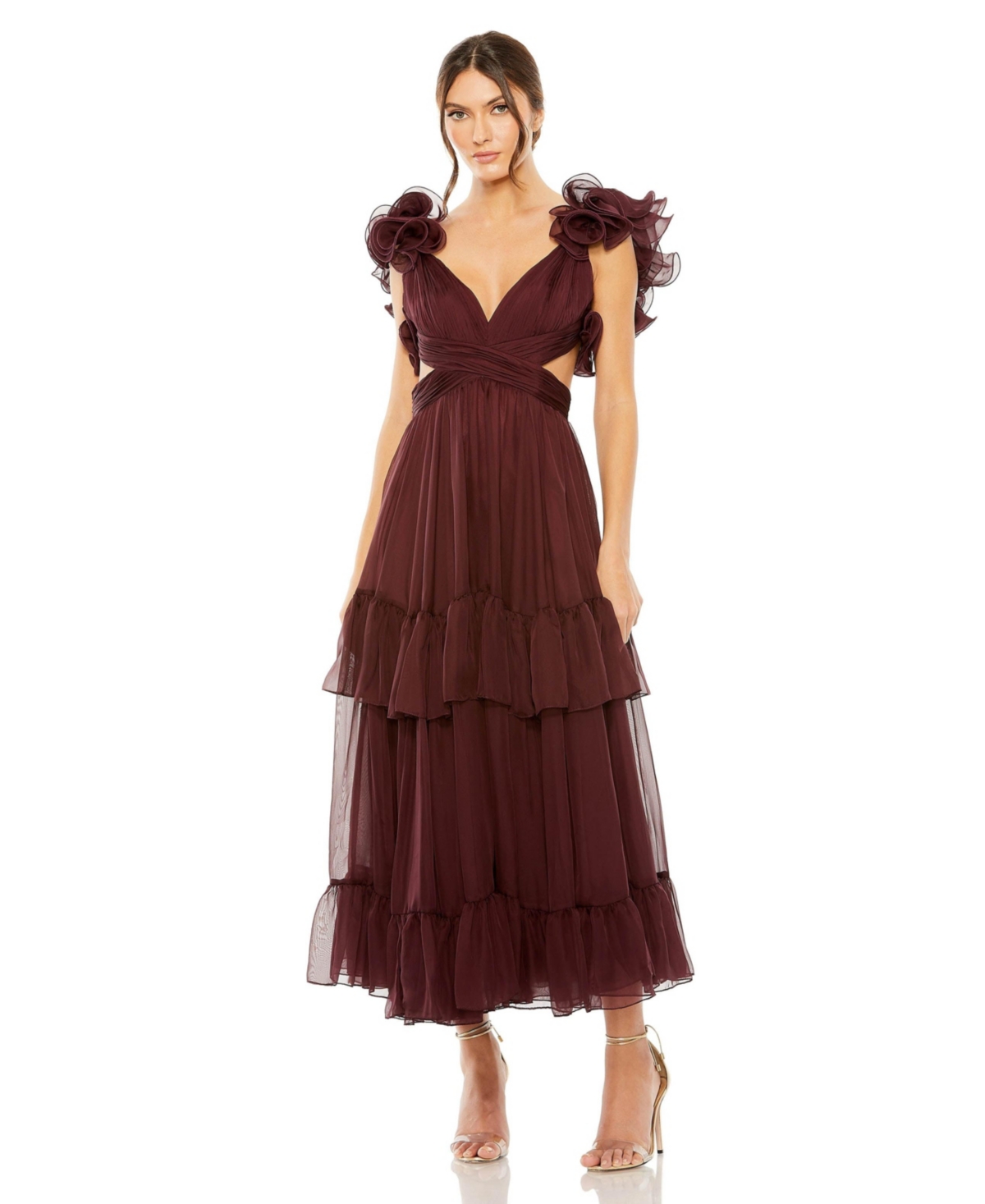 Mac Duggal Rosette Chiffon Cutout Empire Waist Gown In Bordeaux