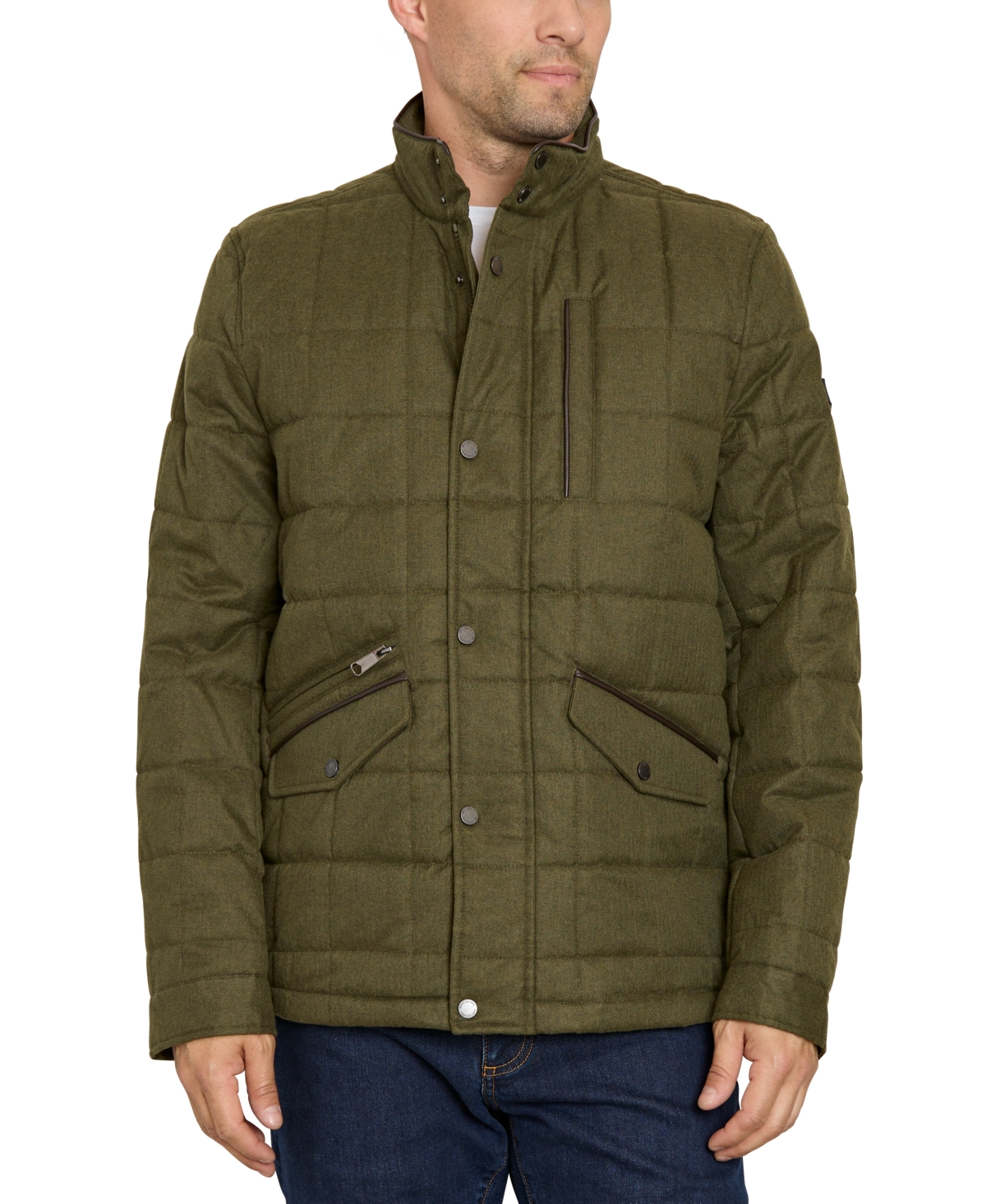 Shop Sam Edelman Men's Box-quilted Stand-collar Puffer Jacket In Olive