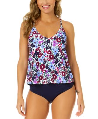 Anne Cole Womans Easy Floral Print Cross Back Tankini High Waist Bikini Bottoms In Navy Disty Floral