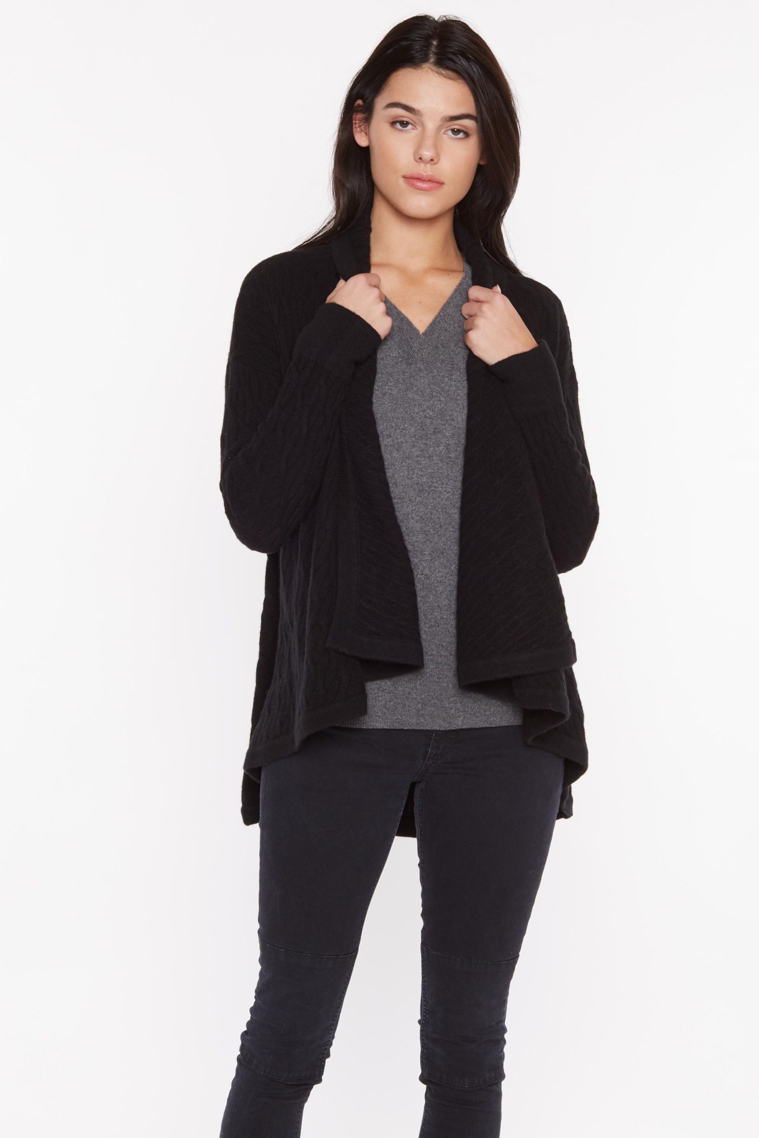 Women's 100% Pure Cashmere 4-ply Cable-knit Drape-front Open Cardigan Sweater