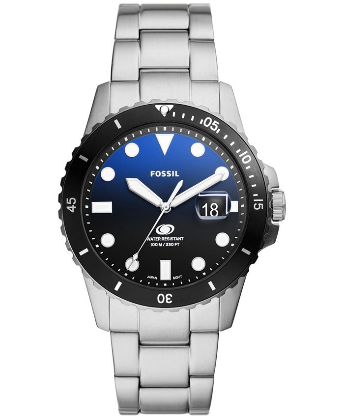 Fossil Men's Blue Dive Three-Hand Date Silver-Tone Stainless Steel ...