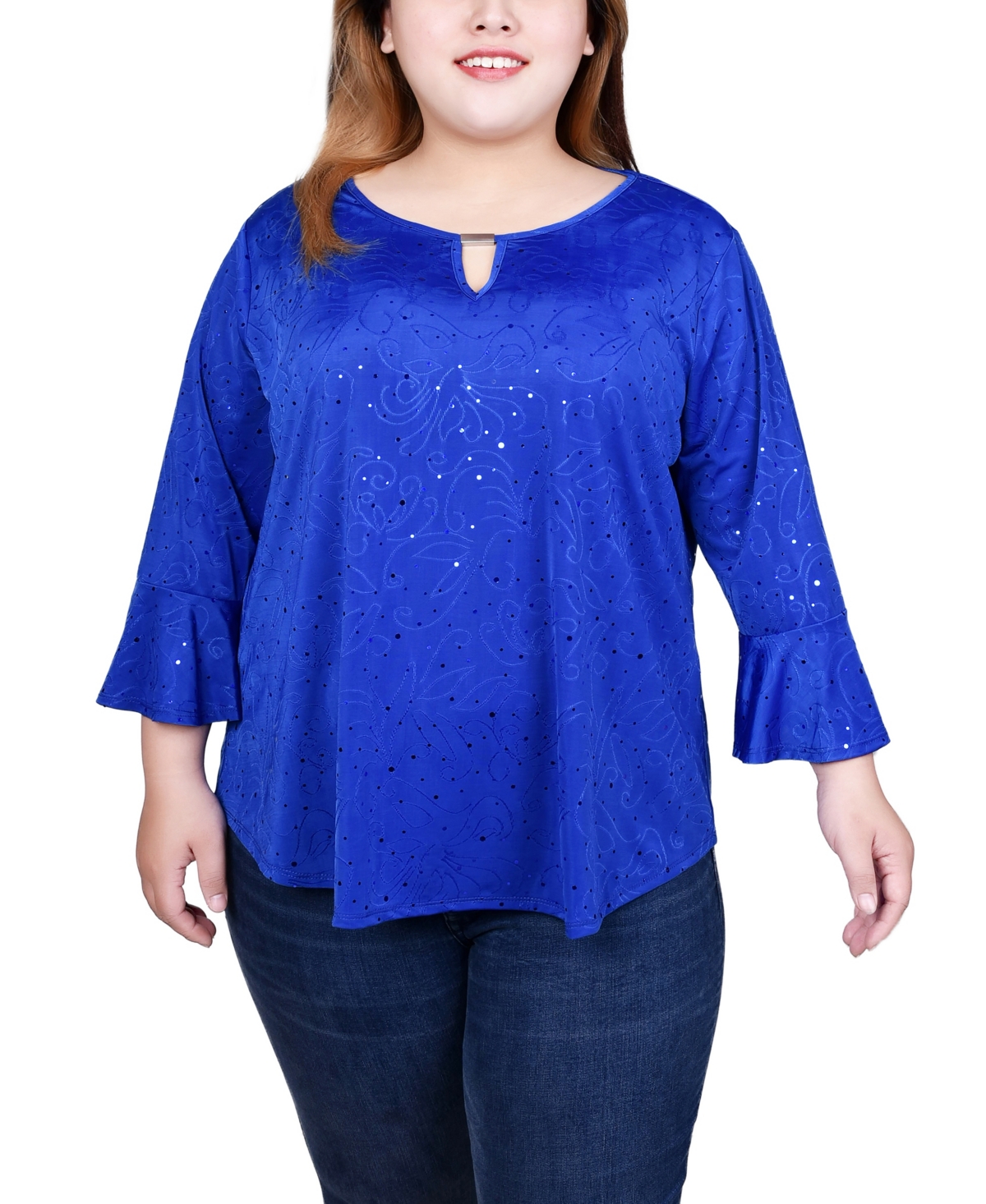 Plus Size 3/4 Bell Sleeve Top with Hardware - Royal