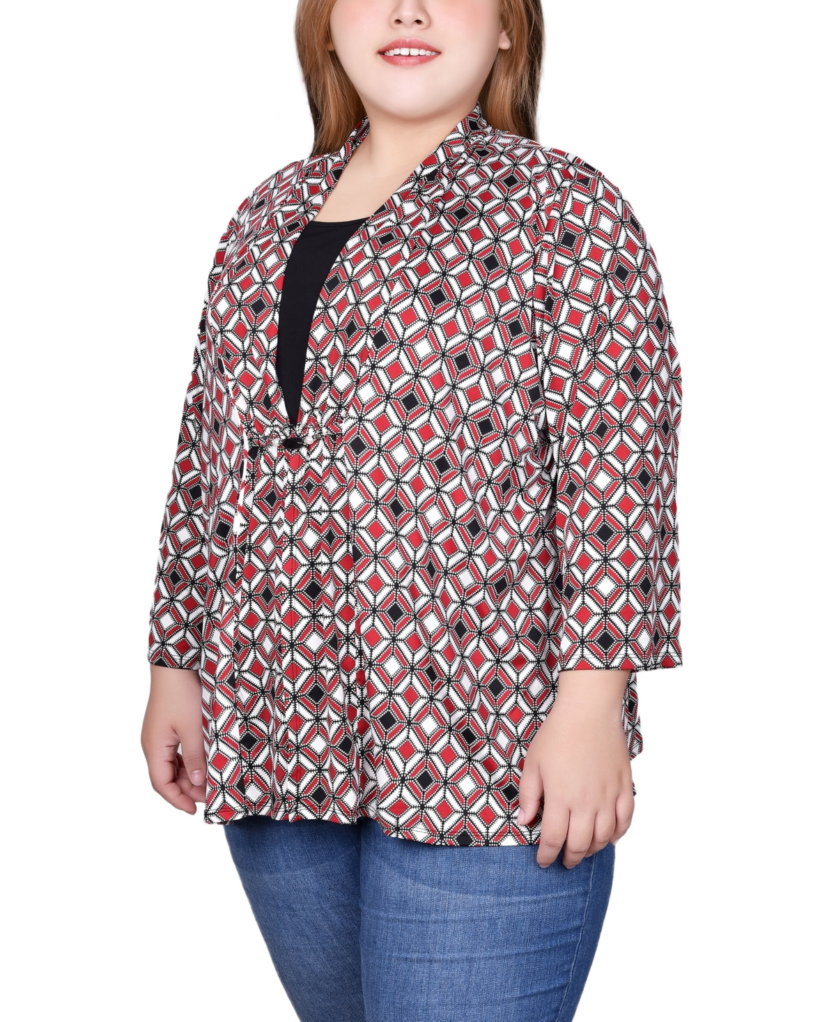 Ny Collection Plus Size Puff Print 3/4 Sleeve 2-Fer Top