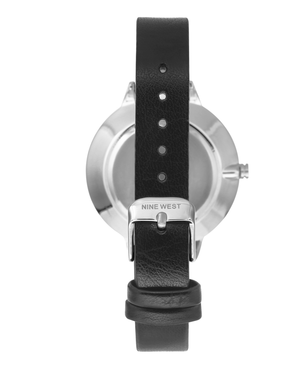 Nine West Women's Quartz Black Faux Leather Band And Floral Pattern Watch, 38mm In Black,silver-tone