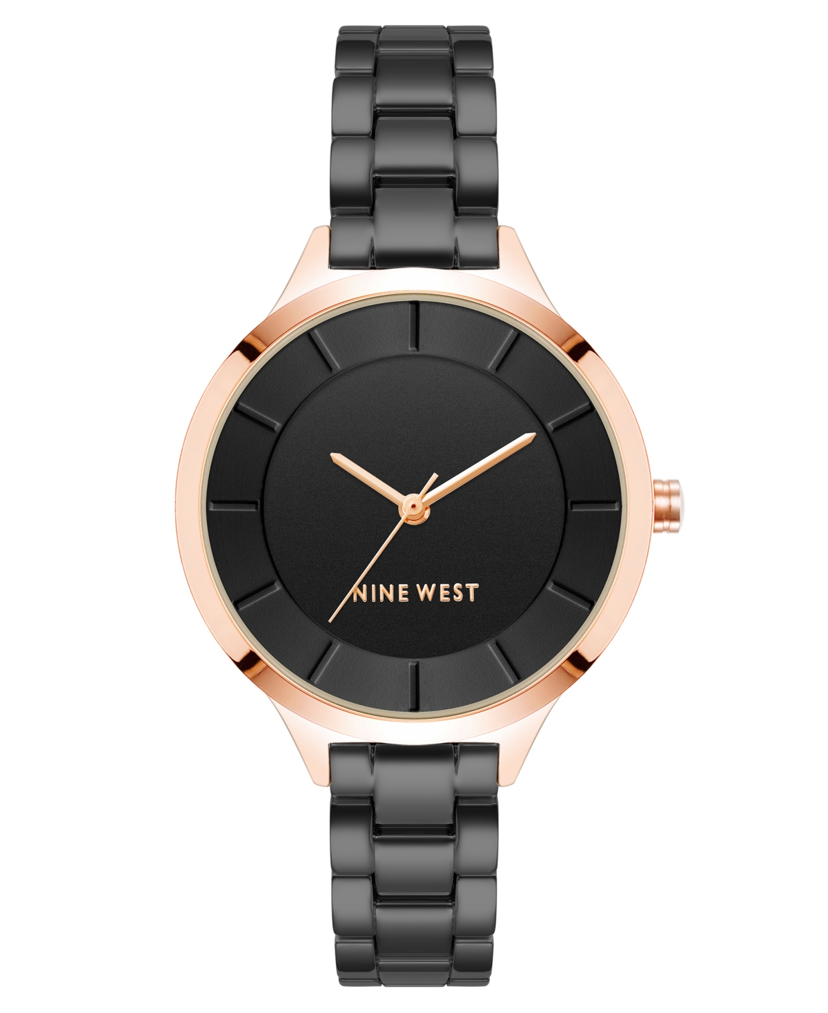 Nine West Women's Quartz Black Alloy Link Bracelet Watch, 34mm In Black,rose Gold-tone