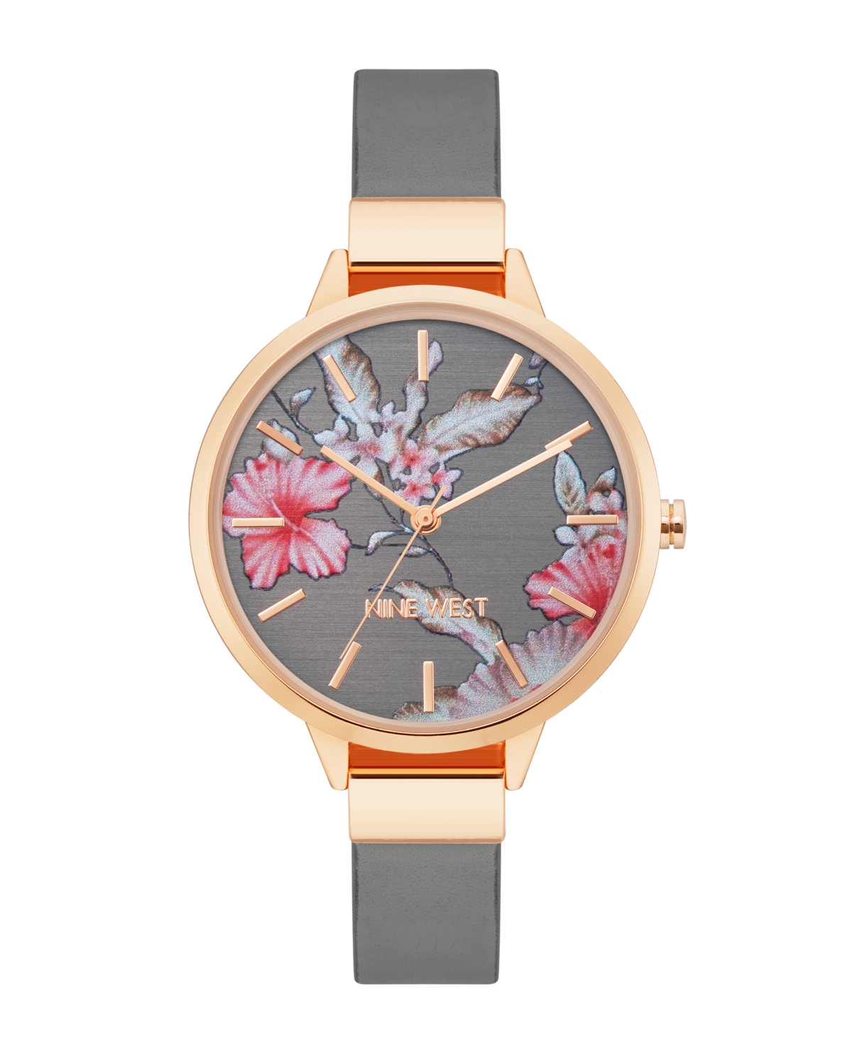 Nine West Women's Quartz Gray Faux Leather Band And Floral Pattern Watch, 38mm In Gray,rose Gold-tone