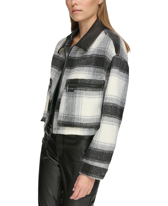 DKNY Jeans Women's FauxLeatherTrim Cropped Plaid Jacket Macy's