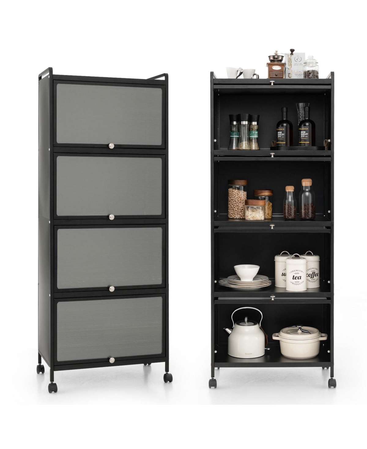 5-Tier Kitchen Baker's Rack Storage Cabinet Mobile Microwave Stand Flip-up Doors - Black