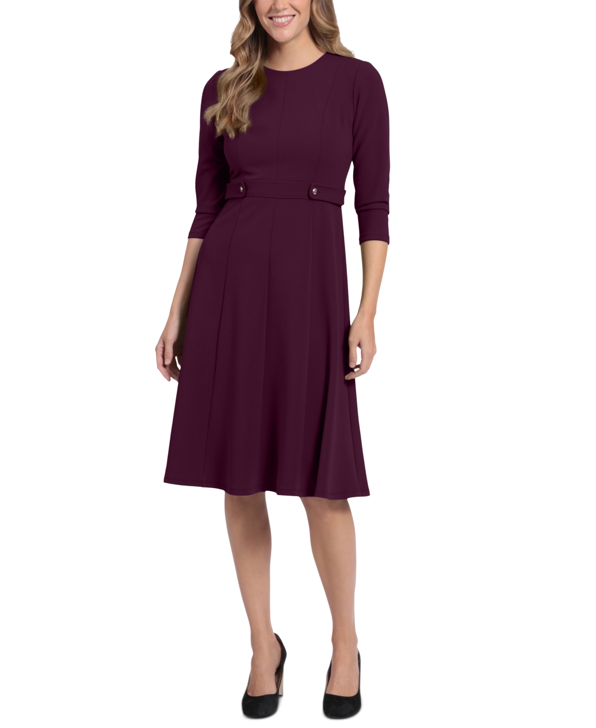 London Times Plus Size 3/4-sleeve Tab-waist Fit & Flare Dress In Luxe Plum