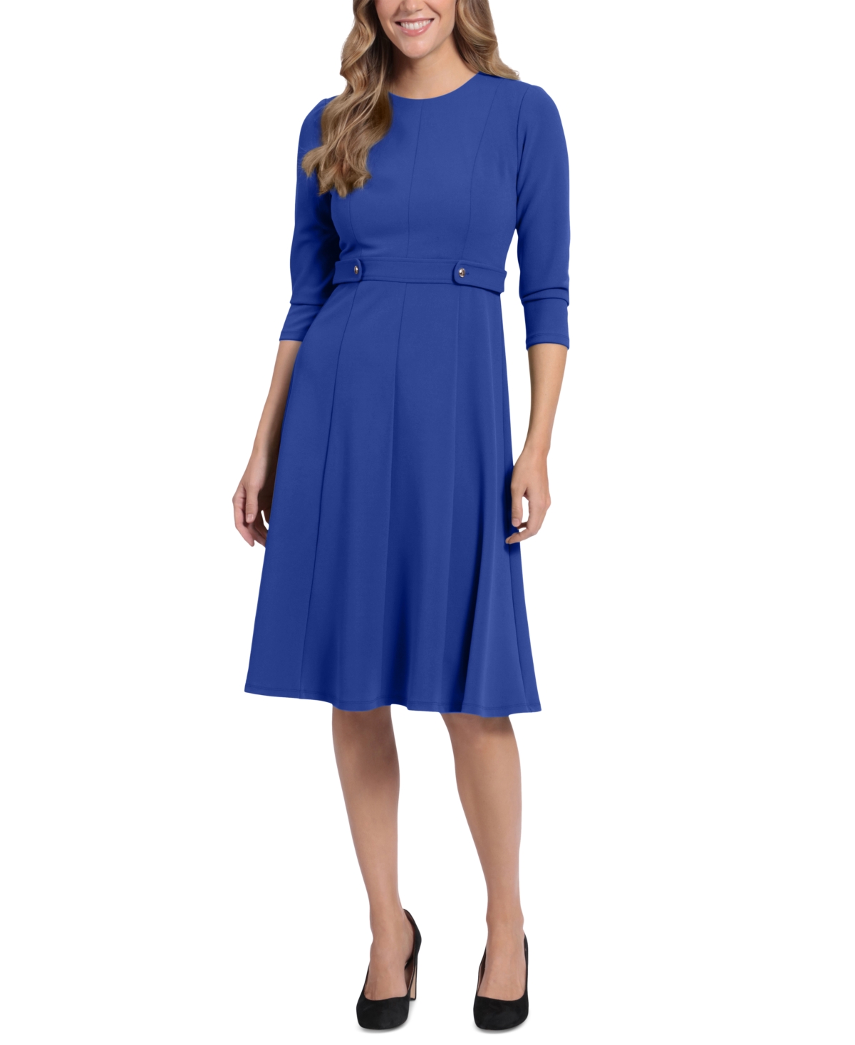 Shop London Times Women's Tab-waist Fit & Flare Dress In Blue