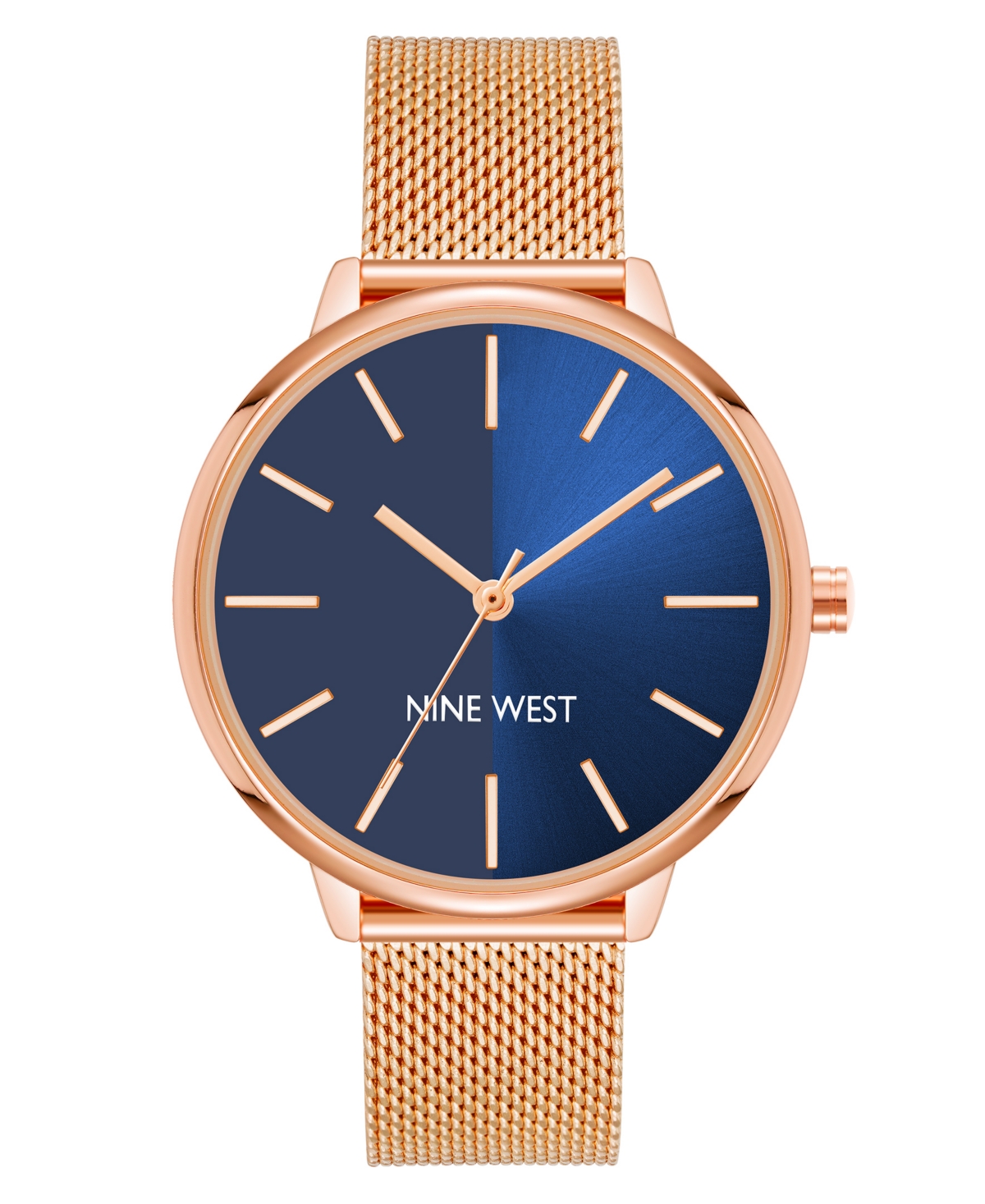 Nine West Women's Quartz Rose Gold-tone Stainless Steel Mesh Band Watch, 40mm In Navy,rose Gold-tone