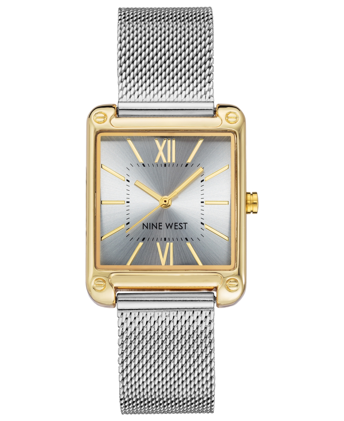 Nine West Women's Quartz Rectangular Silver-tone Stainless Steel Mesh Band Watch, 29mm In Silver-tone,gold-tone