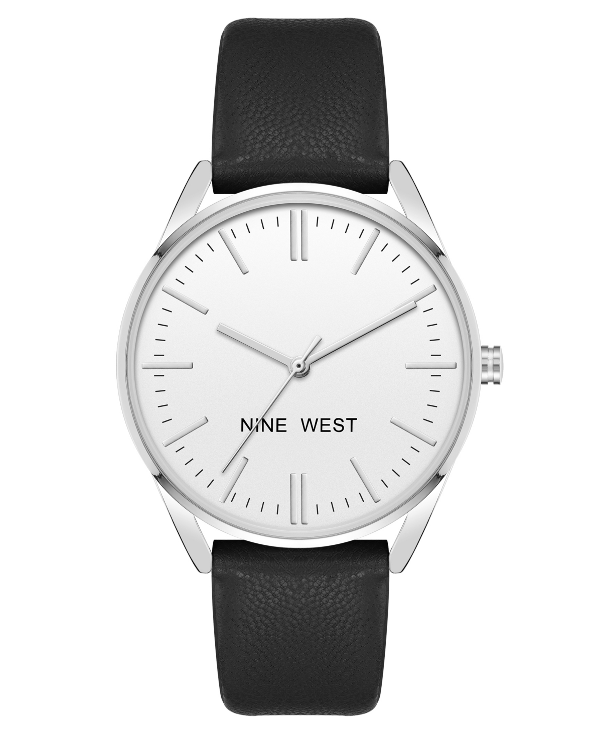 Nine West Women's Quartz Black Faux Leather Band Watch, 36mm In Black,silver-tone