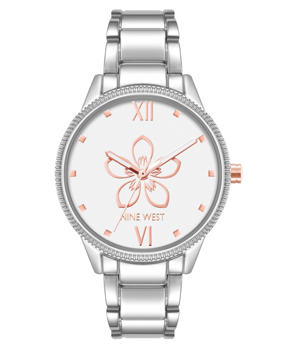 Nine West Women's Quartz Silver-tone Alloy With Flower Watch, 34mm In Silver-tone,rose Gold-tone