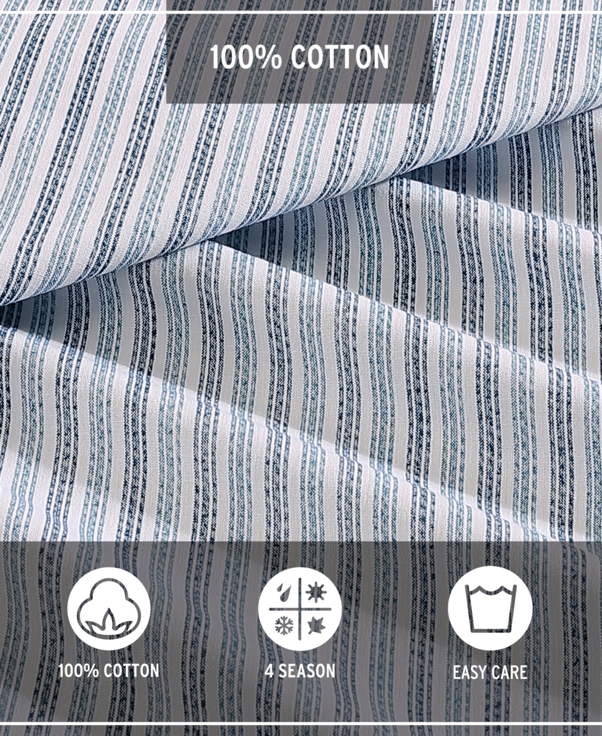 Eddie Bauer Ticking Stripe Cotton Percale 3 Piece Duvet Cover Set, King In Navy Blue