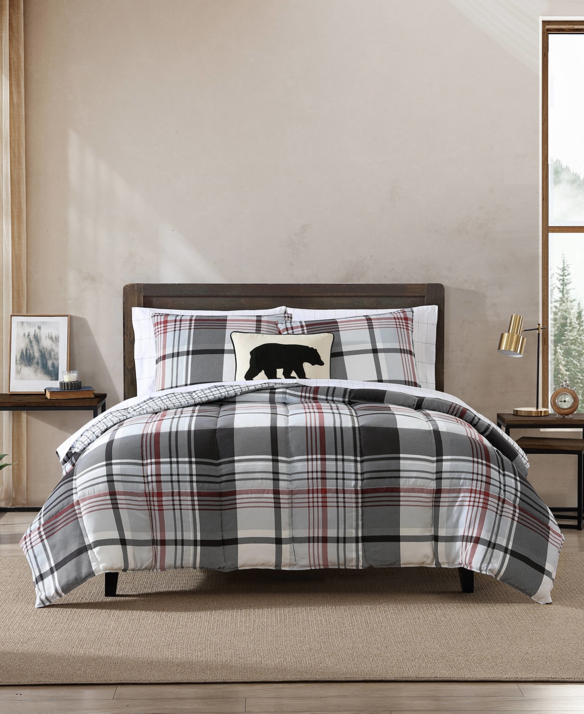Eddie Bauer Normandy Plaid Micro Suede Reversible 2 Piece Duvet Cover Set, Twin In Black Red
